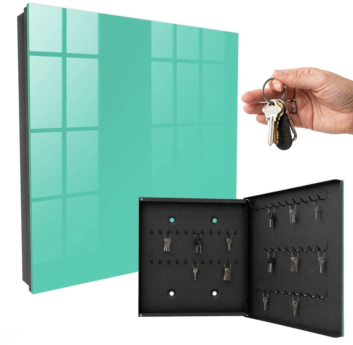 WallMuralia - Sleutelkast - 30x30x5 cm - met 50 haken - Sterke Munt Sleutelkastje Muur - Turkoois Sleutelbox - Rechtsopenend - Zwart interieur