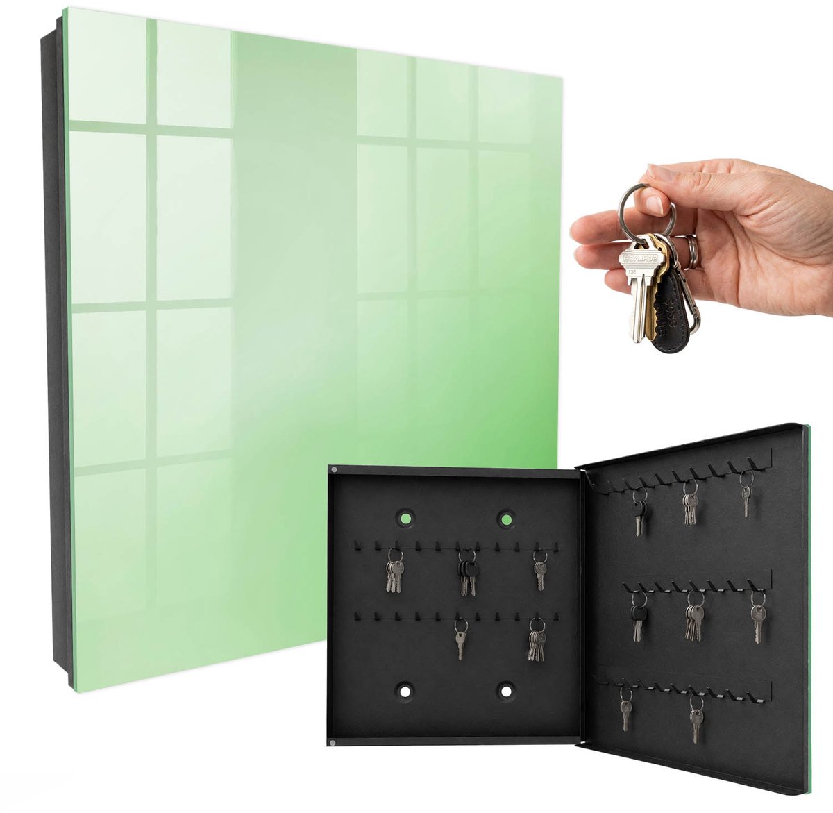 WallMuralia - Sleutelkast - 30x30x5 cm - met 50 haken - Groene Harmonie Sleutelkastje Huis - Groente Sleutelbox - Rechtsopenend - Zwart interieur