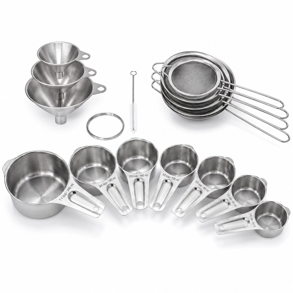 My Green Deal RVS Maatbekers, Zeven en Trechters Set – 16-delig – 7 Maatcups, 5 Keukenzeven en 3 Keukentrechters – Met Reinigingsborstel