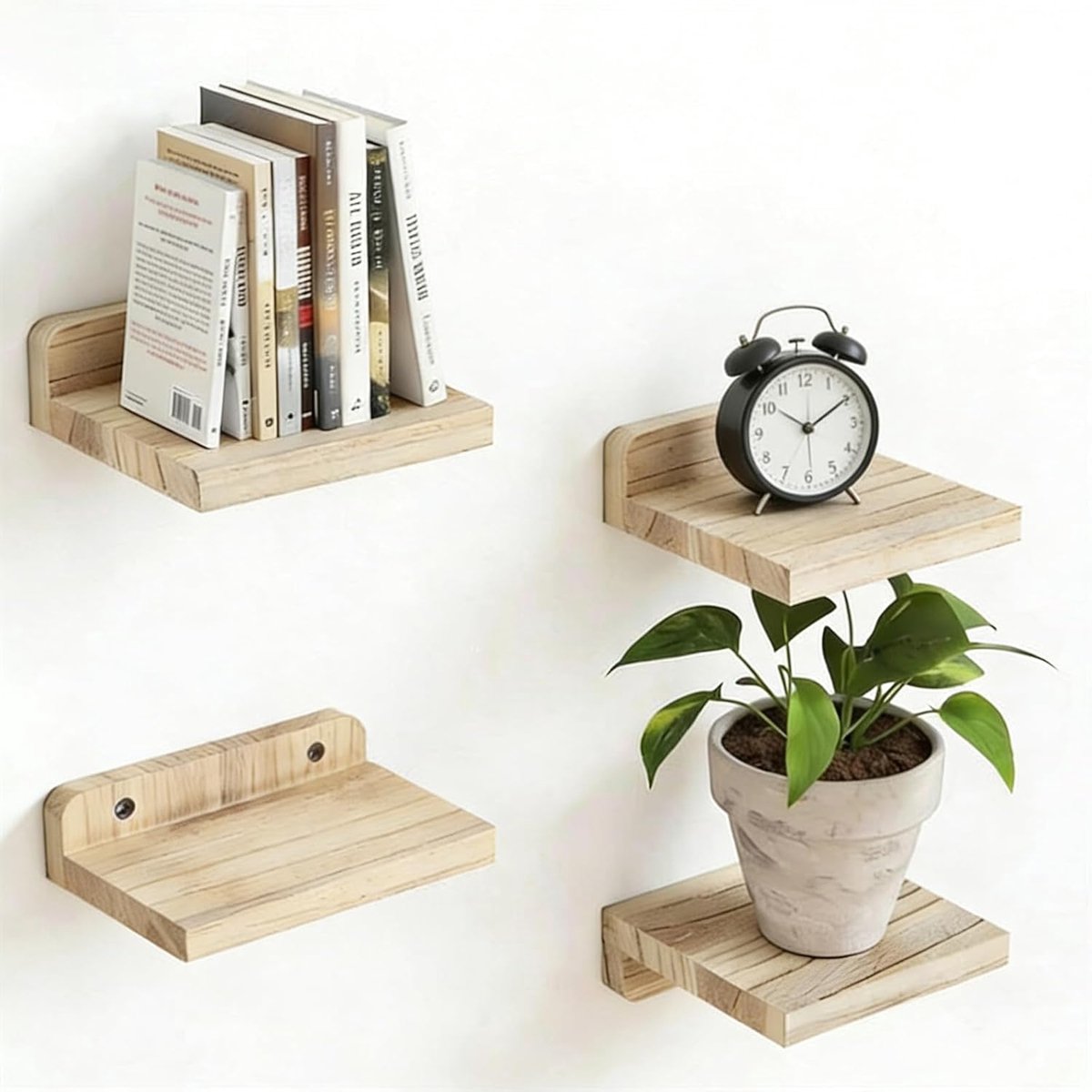 SnelShoppen - Wandplank Hout, 4 Stuks, Kleine Drijvende Wandplank voor Badkamer en Woonkamer, Decoratieve Wandplanken voor Cosmetica, Specerijen en Ac