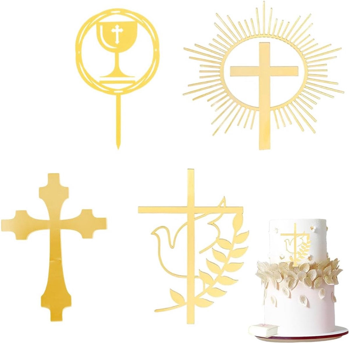 4 stuks taartdecoratie, kruis met duif, decoraties voor communie, doop, bruiloft, vormsel, decoratie, voor meisjes en jongens, gouden kruis en duif van acryl, eerste communie