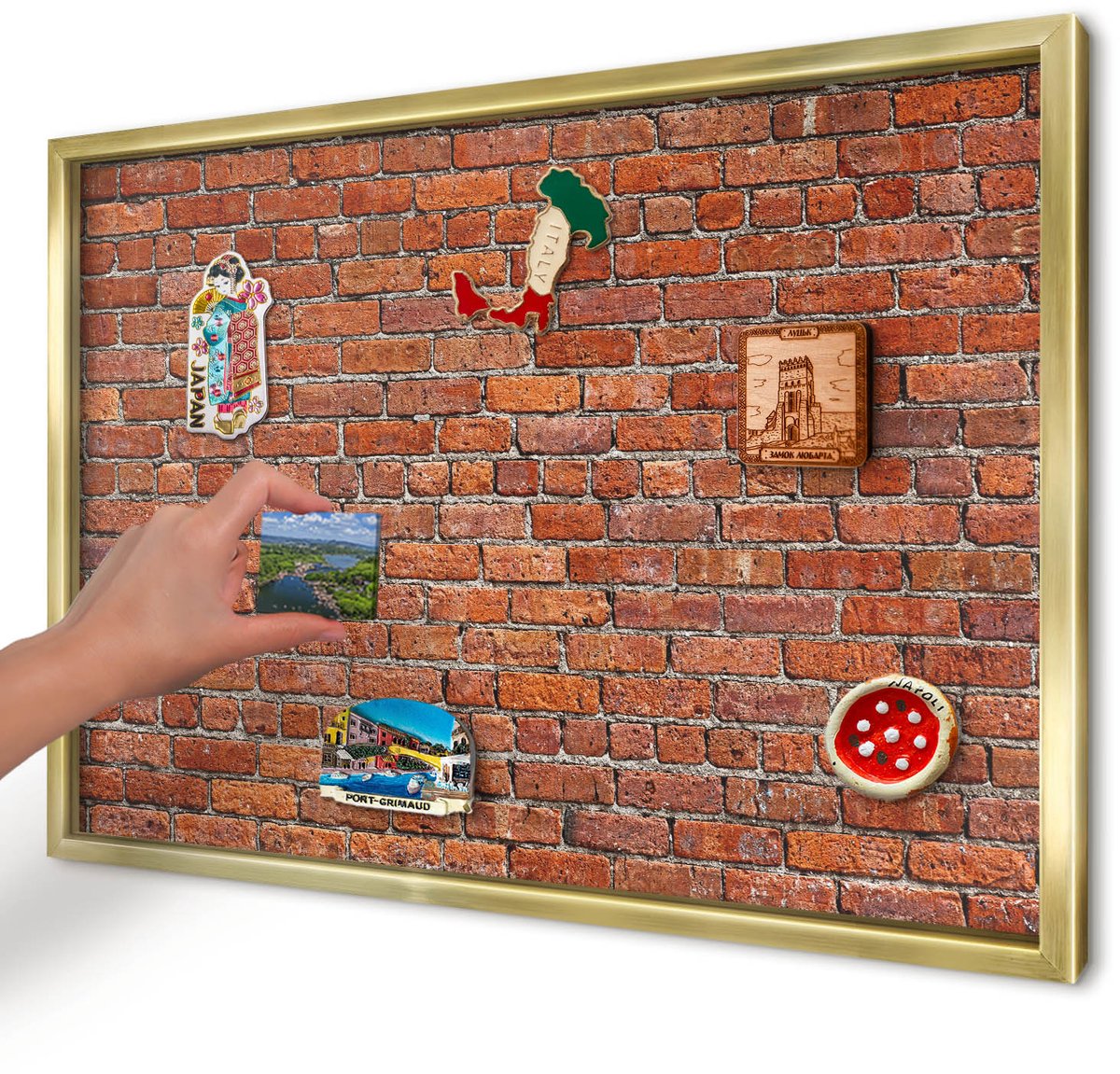 Artprintcave Bruin Magneetbord mit Gouden Frame - 60x40 cm - Baksteenmotief Notitiebord - Industrieel/Loft Magneet Bord mit Frame - Texturen
