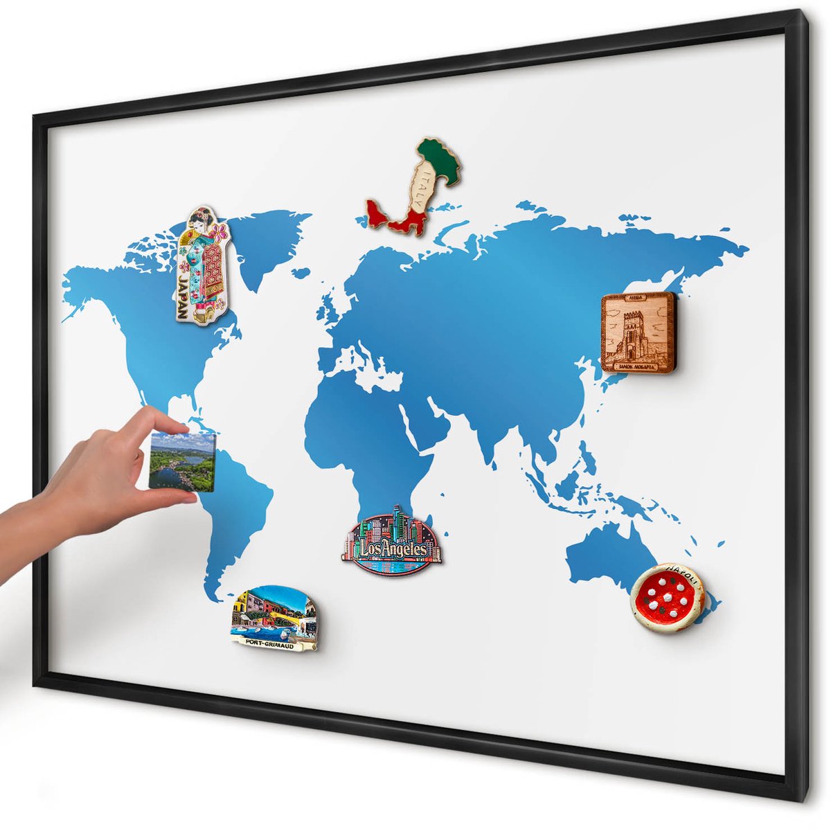 Artprintcave Blauw Magneetbord mit Zwart Frame - 100x70 cm - Wereldkaart Memobord Keuken - Modern Magneetbord Voor Foto's - Kaarten