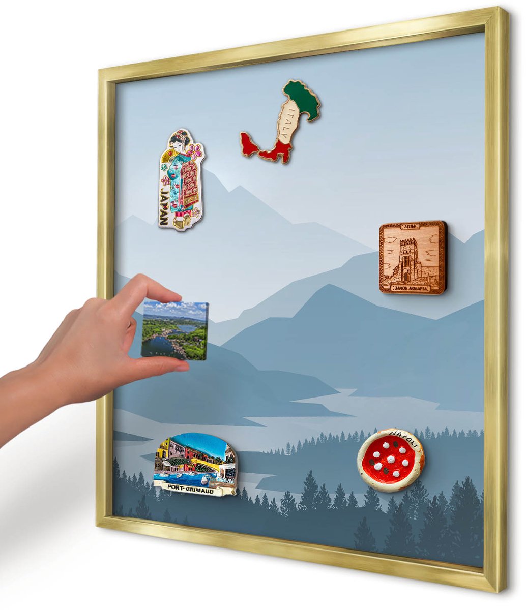 Artprintcave Blauw Magneetbord mit Gouden Frame - 50x50 cm - Berg Harmonie Wandbord Magnetisch - Abstract Magneetbord Voor Keuken - Landschappen