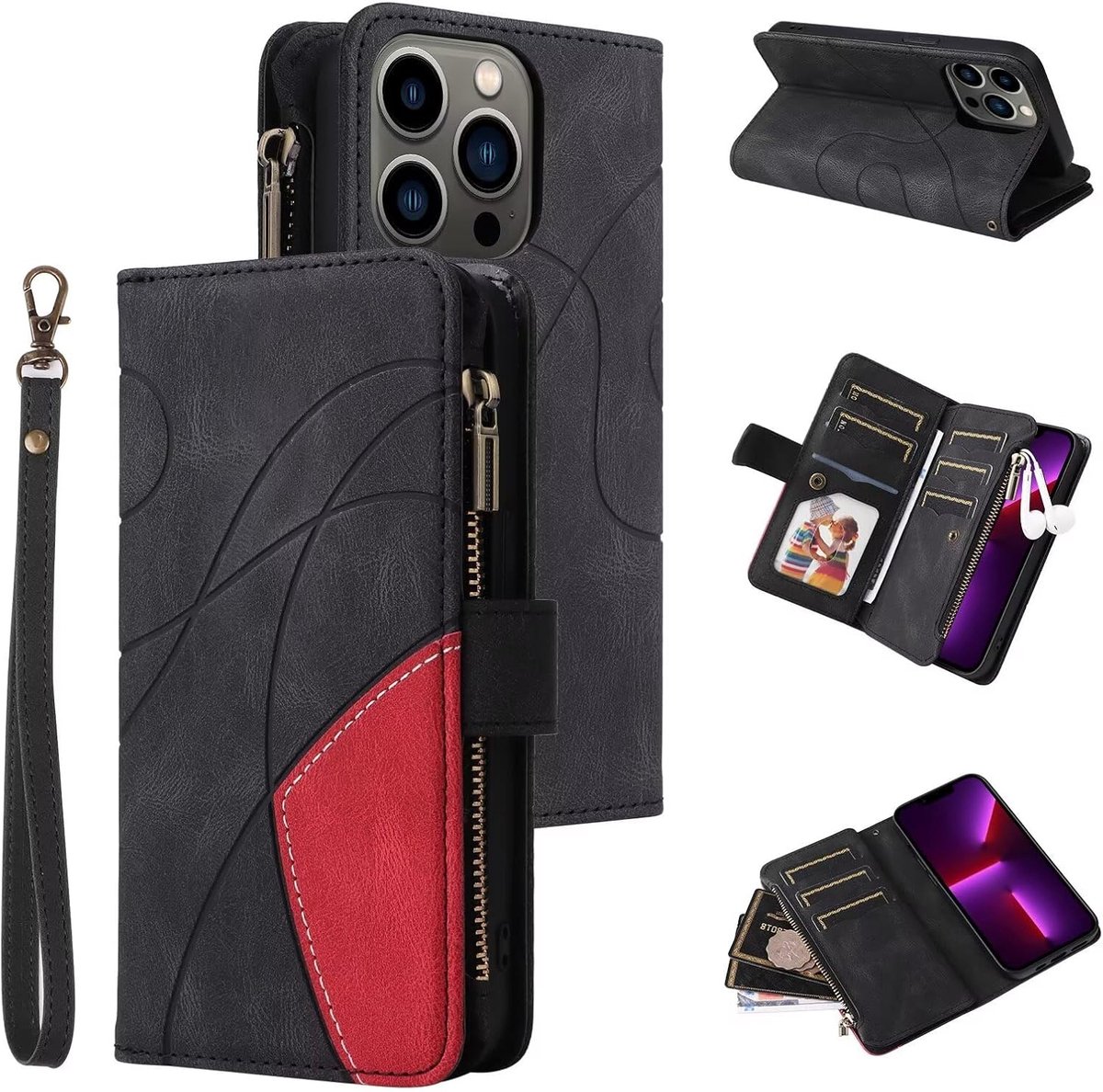Hoes voor Samsung Galaxy A15, 9 kaartvakken, lederen portemonnee, schokbestendig, flipcase met handlus, standfunctie, ritssluiting, telefoonhoes met magneetsluiting, portefeuille, zwart