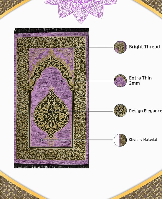 Gebedstapijt Set - Gebedsmat Islamitisch - Religieuze Beoefening - Inclusief Gebedsketting - 120 x 68 cm - Paars — afbeelding 2