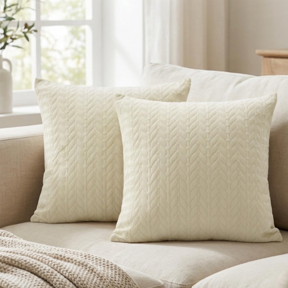 Set van 2 stijlvolle kussenslopen met bladpatroon en doorgestikte naaitechniek, 45 x 45 cm, perfect voor bank en slaapkamer, moderne decoratie voor woonkamer en interieur