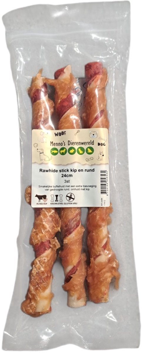 Zoolekker Rawhide stick kip en rund 24 cm - hondensnack van buffelhuid en kip, verpakking 3 stuks