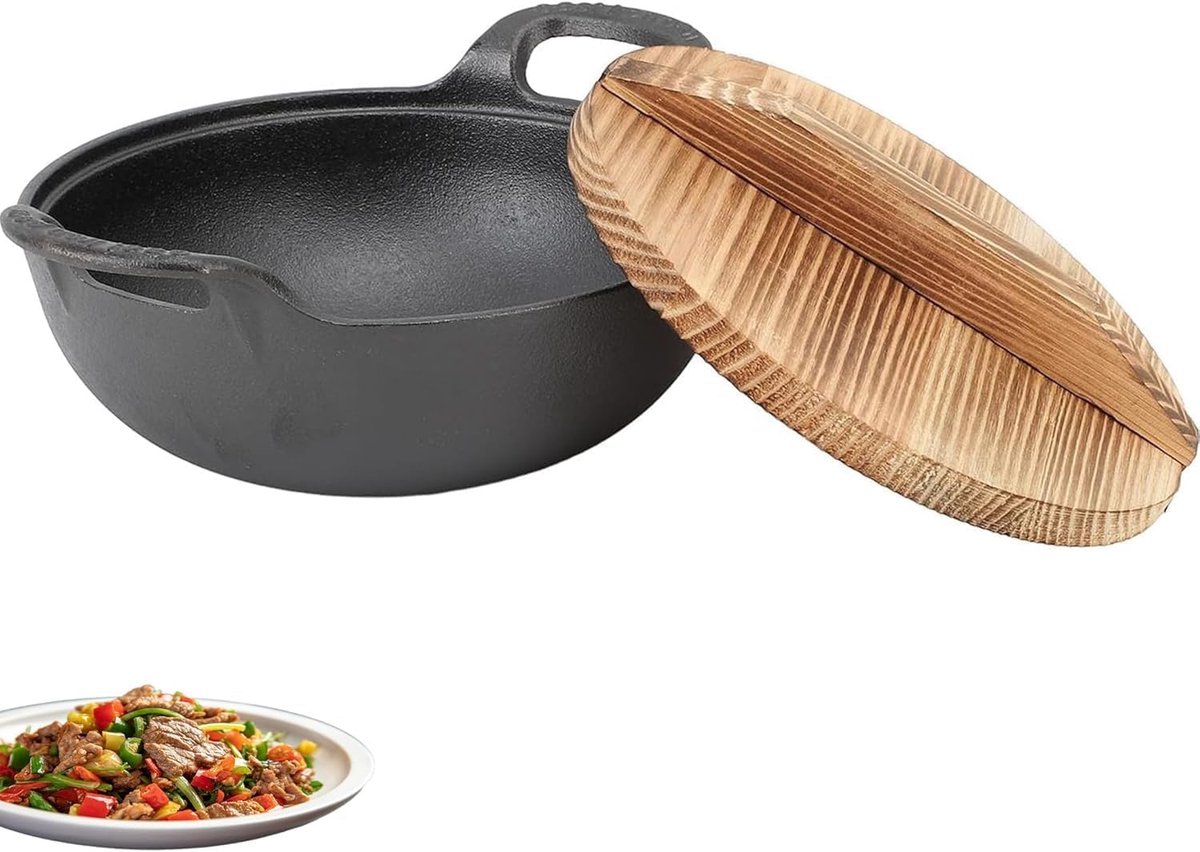 Wok 20cm - Gietijzer - Met deksel - Voor authentiek Asian koken - ShopVlot
