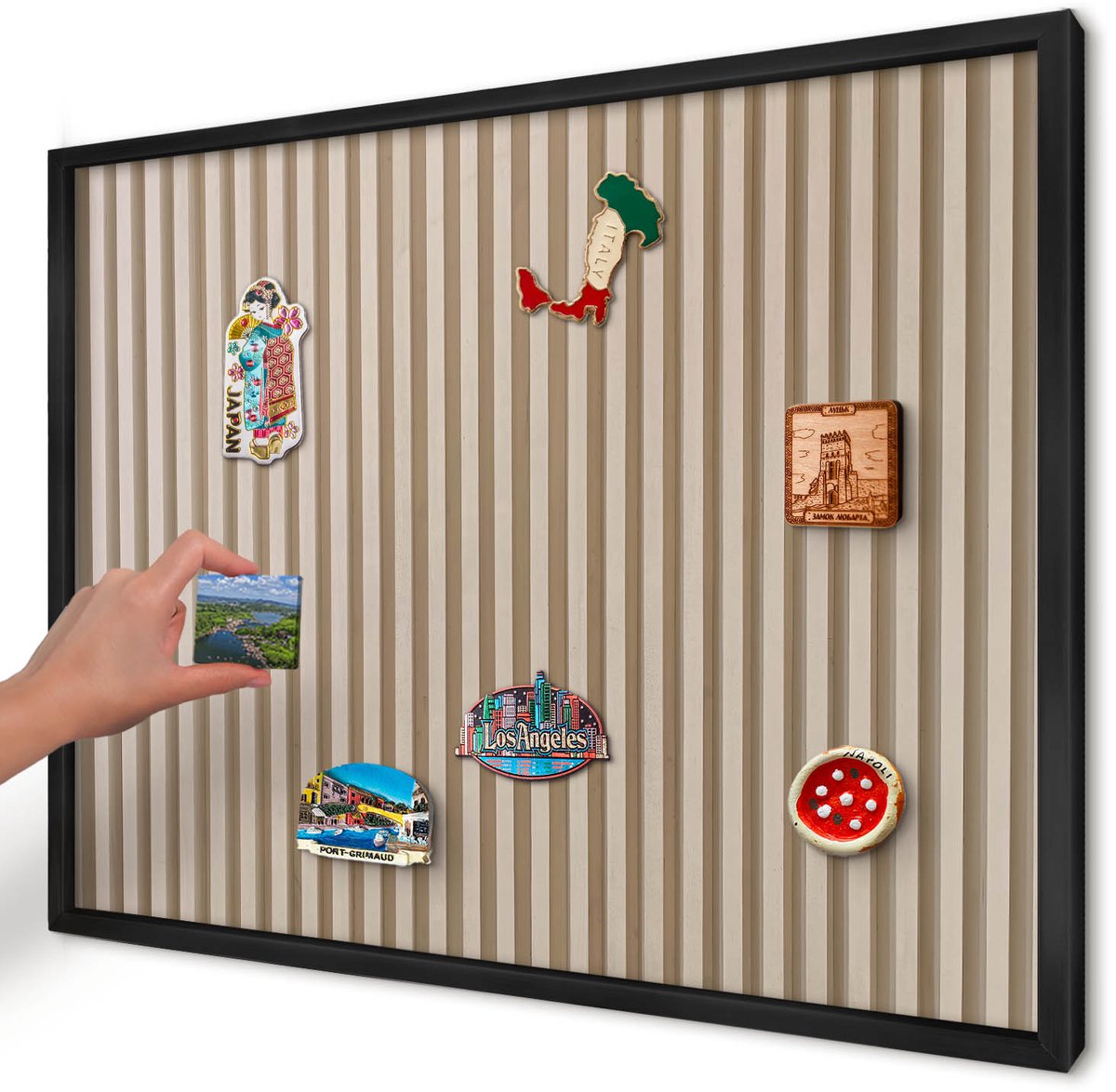 Artprintcave Beige Magneetbord mit Zwart Frame - 70x50 cm - Houten Latten Magnetisch Bord - Minimalist Magneetbord Voor Keuken - Texturen
