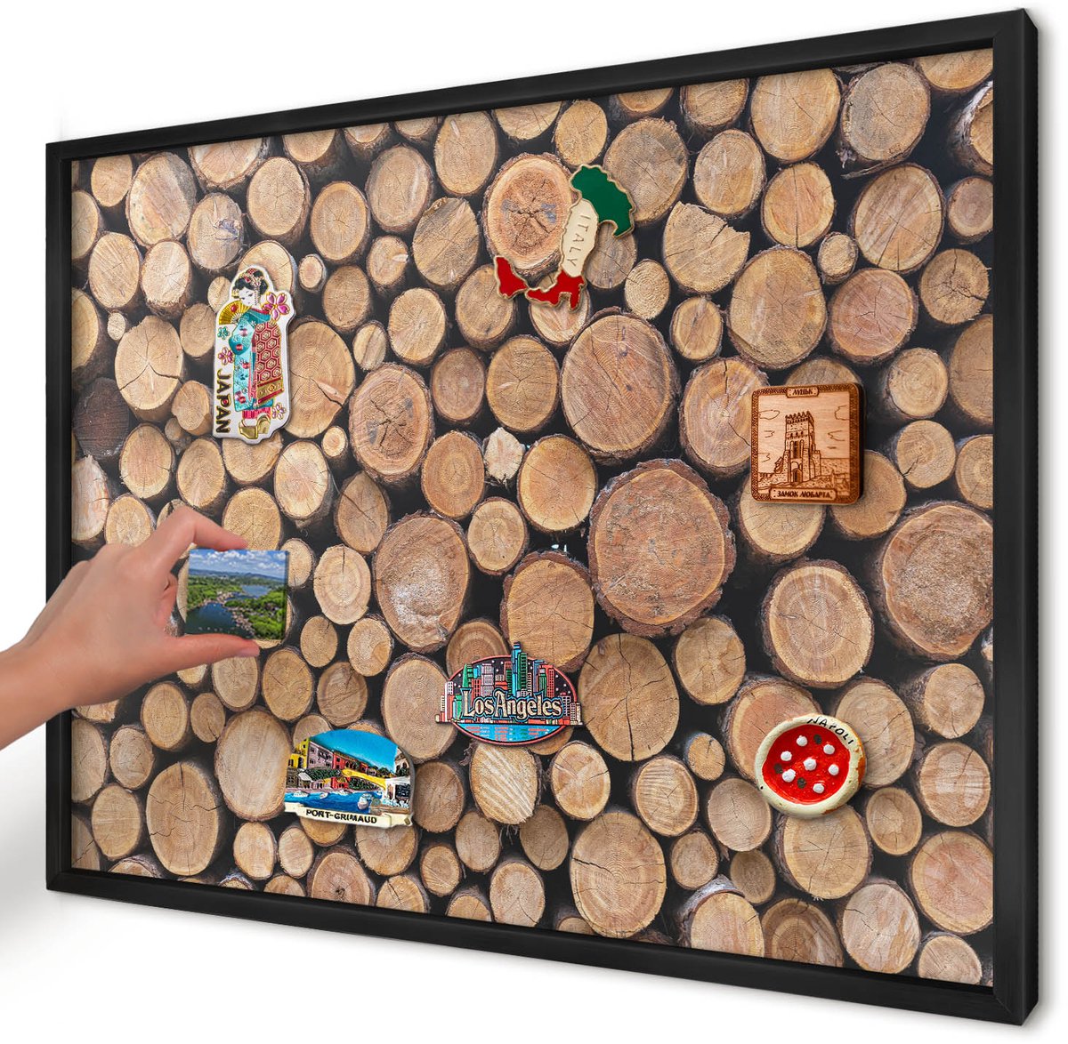 Artprintcave Bruin Magneetbord mit Zwart Frame - 70x50 cm - Houten Cirkels Magnetisch Bord - Rustiek Magneetbord Voor Foto's - Texturen