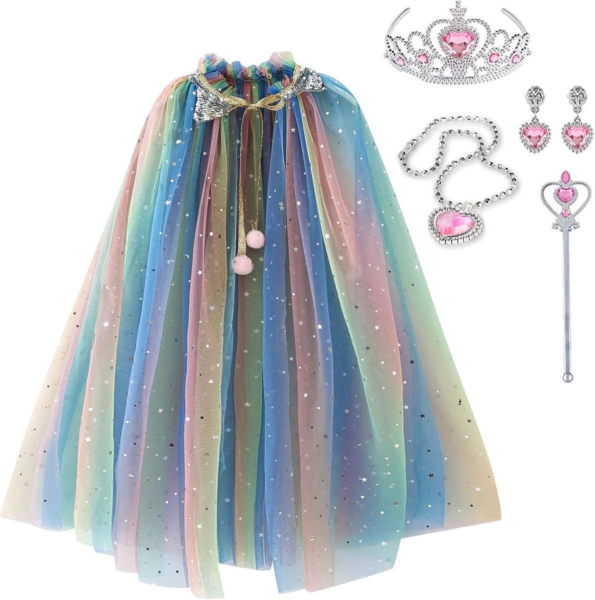 skyllc Prinsessencape voor meisjes, verkleedkleding voor meisjes, prinsessenkostuum voor meisjes met kroon, halsketting, oorbellen, toverstaf, feestkostuum, carnaval, cosplay voor meisjes, Halloween