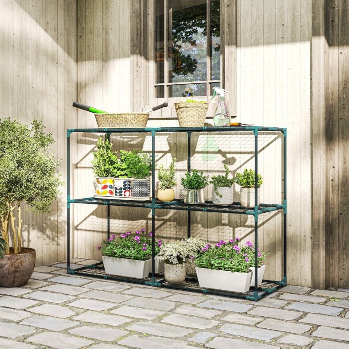 REDOM - Plantenständer - 3-etagen open stellingkast met planken - Staal en kunststof - Donkergroen - 143 x 48 x 100 cm