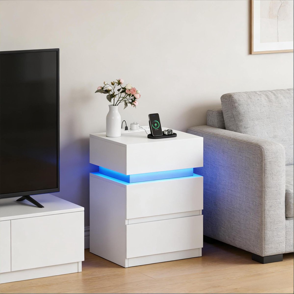 COVREO Bedtafel 35 x 40 x 55 cm wit, hout met LED-verlichting en oplaadstation
