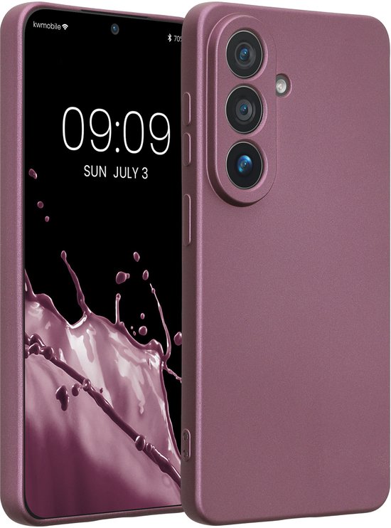 Coque de téléphone en TPU lilas avec découpe triple caméra, à côté d'un smartphone affichant une image splash.