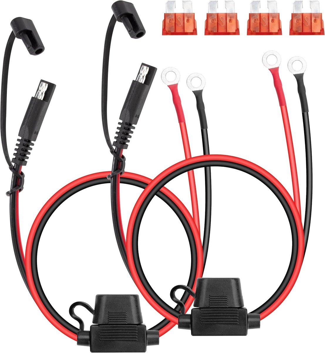 60 cm SAE Verlengkabel 16 AWG voor Acculaden met Ringklem en 10A Zekering voor Auto en Motor