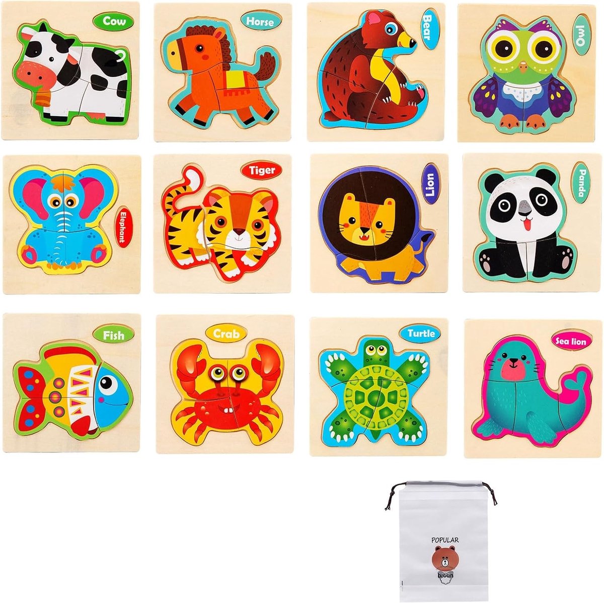 Houten Puzzel met 12 Stukken - Educatief Montessori Speelgoed voor Kinderen en Peuters van 1-3 Jaar