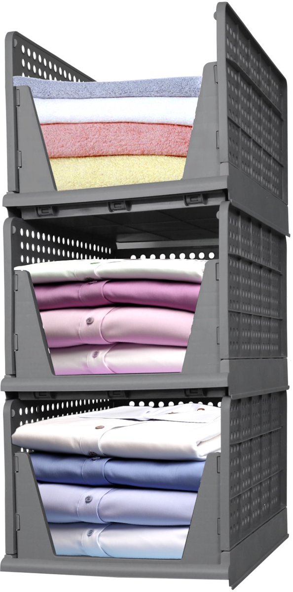 PIPIPOXER kast organizer - Organizer - set van 3 -Opberger - Kledingkast Organizer - stapelbaar - uittrekbaar - 33x 43 x 75cm - grijs