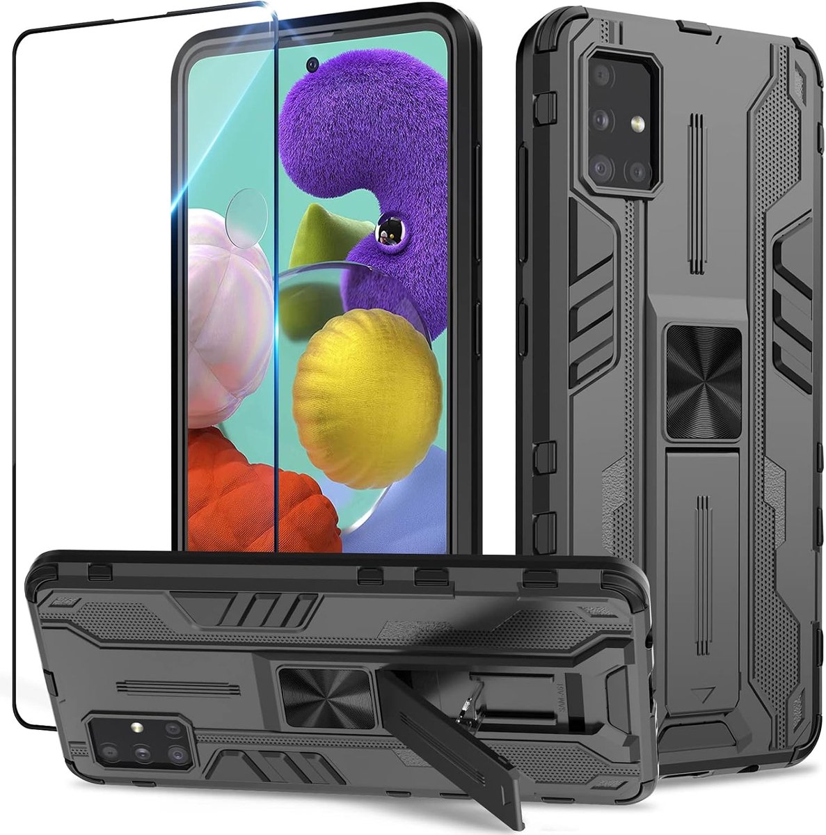 Hoesje voor Samsung Galaxy A51 met Screen protector, militaire standaard cover case standfunctie mobiele telefoon hoezen- zwart