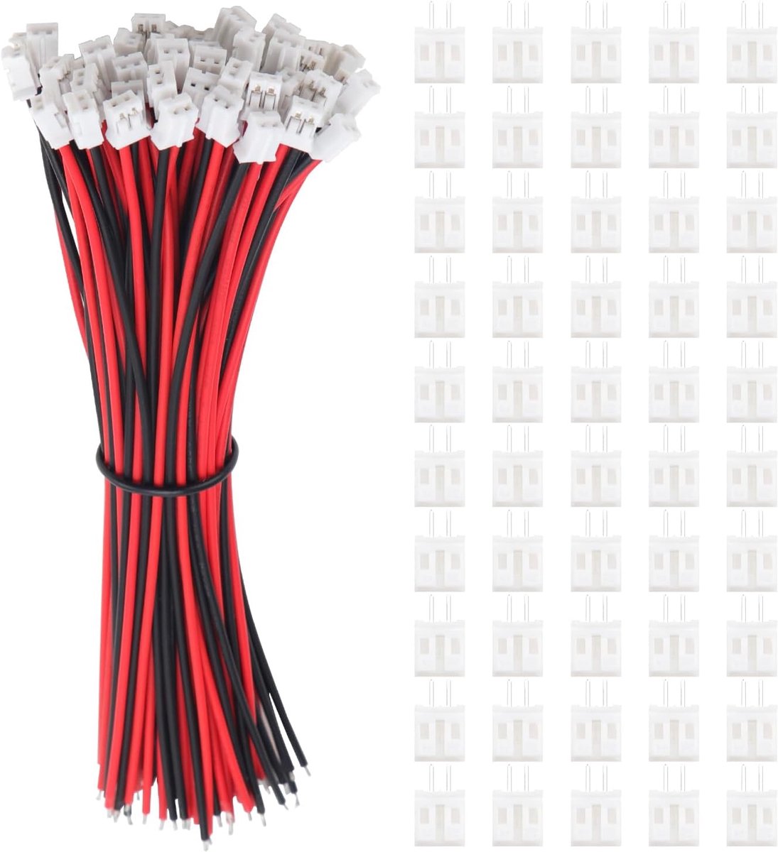 50 Sets JST 2.0 PH 2 Pin Connectors, Mini Micro JST 2.0 mm 2 Pin Connector met 150mm 22AWG Kabel & Female (Rood Zwart)