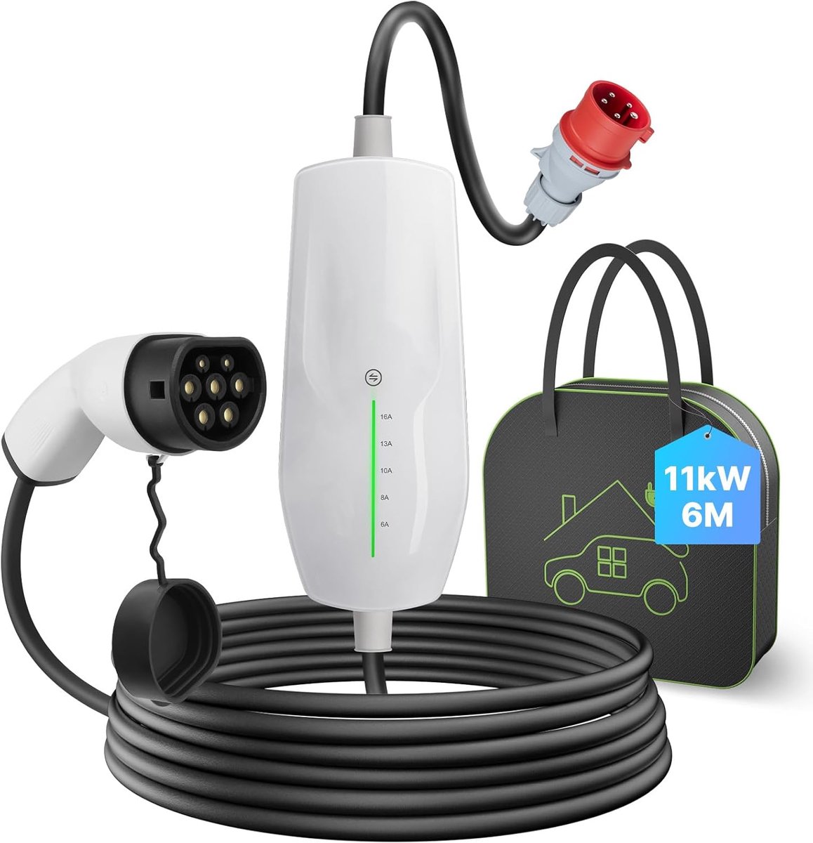 EV-oplader Type 2 draagbare EV-auto's Thuislaadstation Wallbox met draagtas voor alle elektrische voertuigen en plug-in hybride auto's Max 11kW 16Amp 6 meter lang 3-fasen CEE-stekker