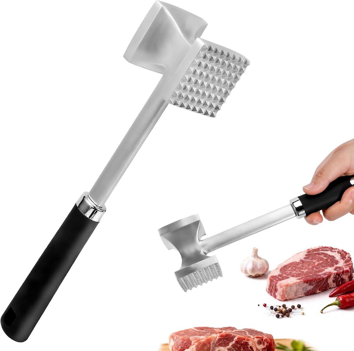 Vleeshamer Dubbelzijdig, Schnitzelklopper Meat Tenderizer Vleesklopper van Aluminiumlegering met Antislip Handgreep, Anti Aanbak Zachtmaker voor Zachtmaken, Schnitzel, Rundvlees en Kip