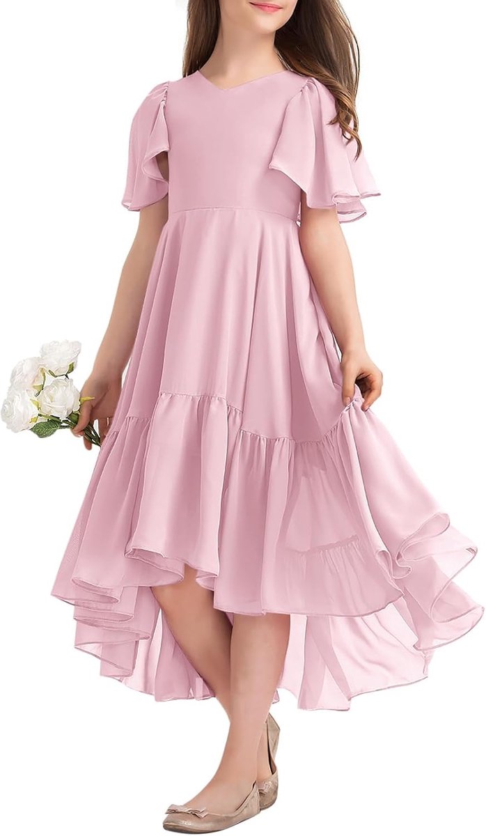 Zomerjurk voor meisjes, V-hals, ruches, casual, A-lijn, vloeiend
