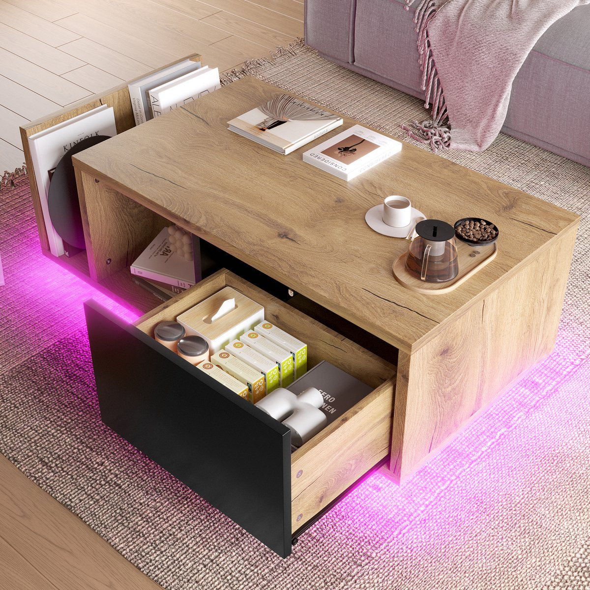 Retro Dressoir Met LED Verlichting - Houten Kast Met Opbergruimte En Roomdivider