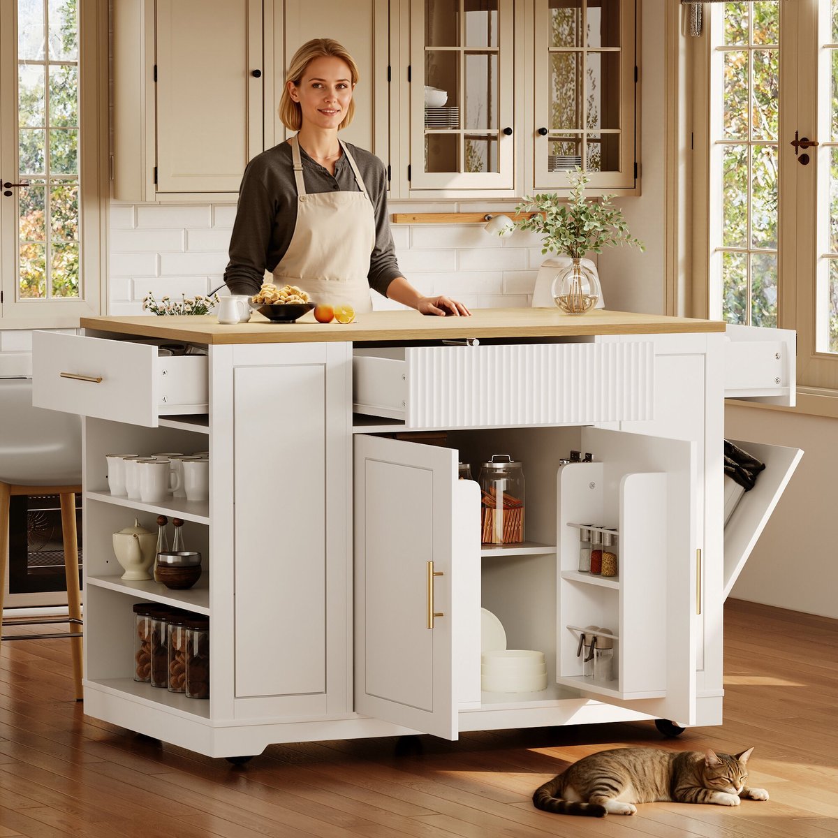 Keukeneiland Op Wielen - Keukentrolley Met Afvalbakvak En Laden - Wit Houtlook