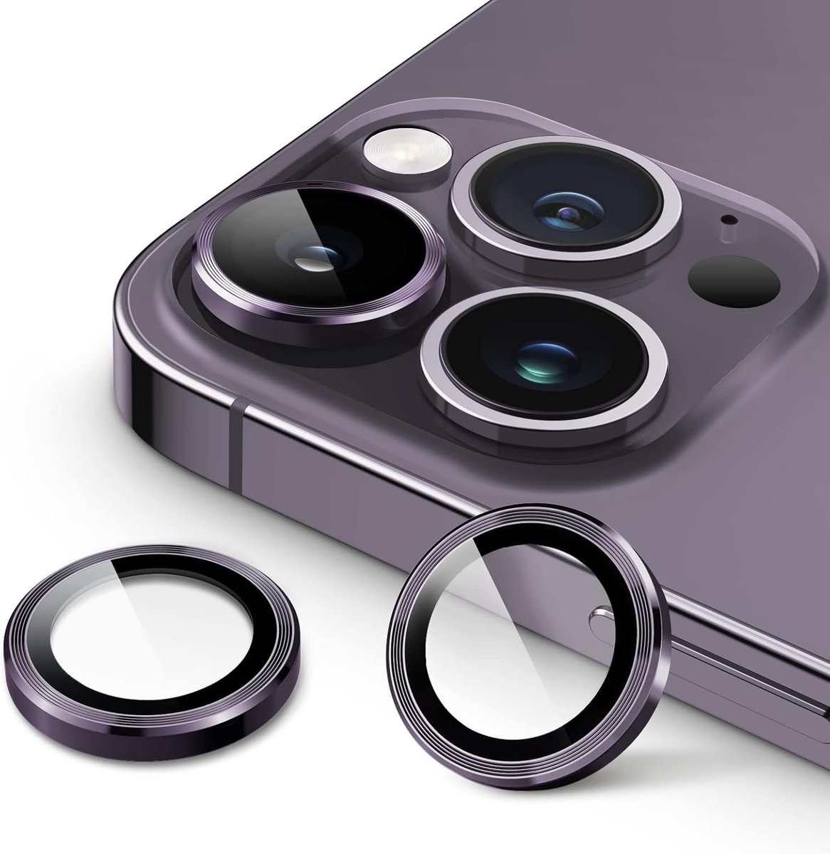 Thijox - Camera Lens Protector voor iPhone 14 Pro & Pro Max 9H Gehard Glas Metalen Ring Cover HD Doorzichtig Dieppaars - Bescherming voor Smartphone C