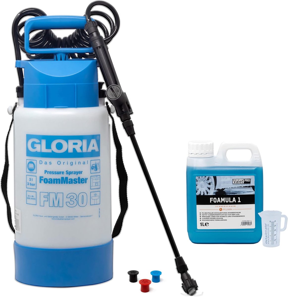 SnelShoppen - Prewash Schuimreiniger - ValetPRO Foamula 1 (1L) - Snow Foam + Gloria Foammaster FM 30-3L + 50ml maatbeker - pH-neutraal, appeltje geur,