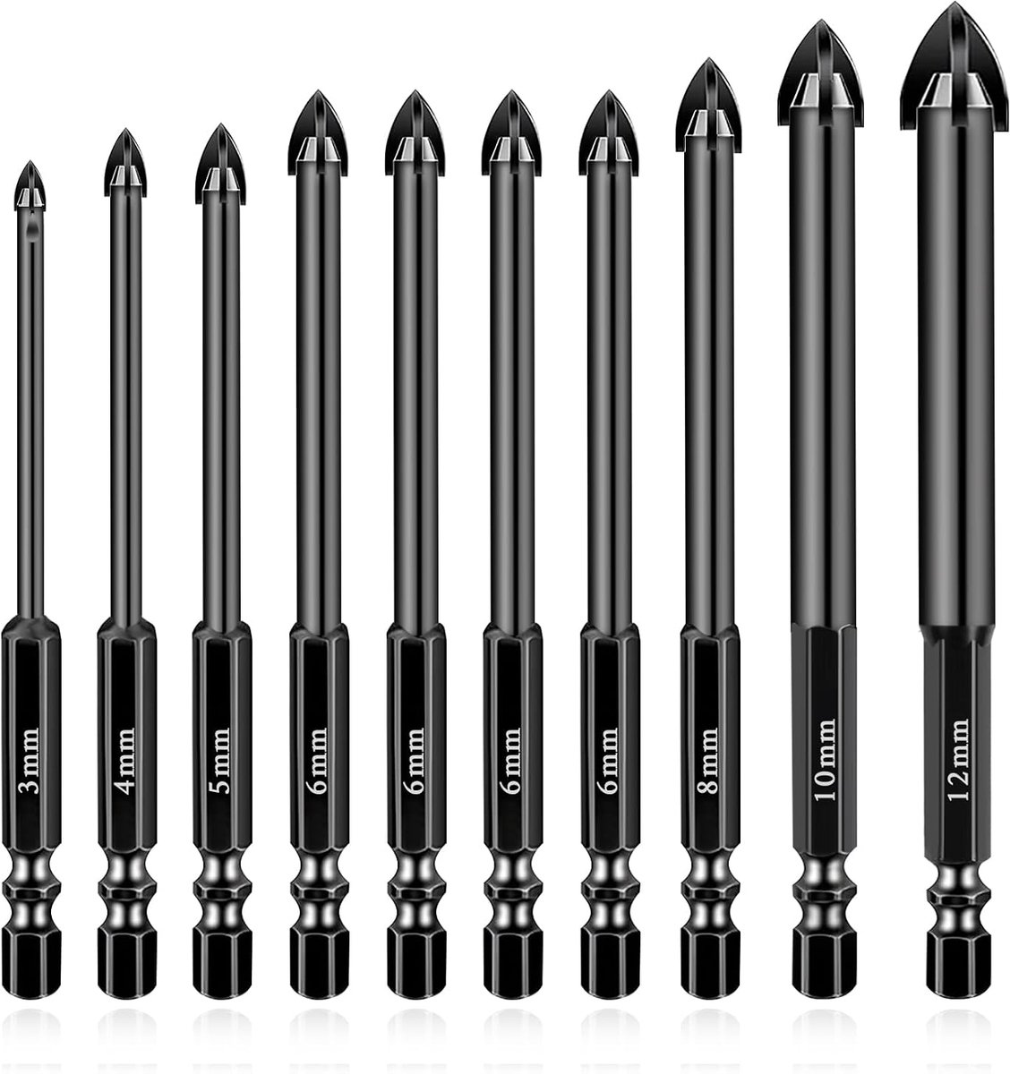SnelShoppen - 10-delige Tegelboor Set voor Glas, Keramiek en Beton - 3-12 mm - Kruisvormige Ontwerp - Inclusief 1/4 Inch Hex Shank - Perfect voor Tege
