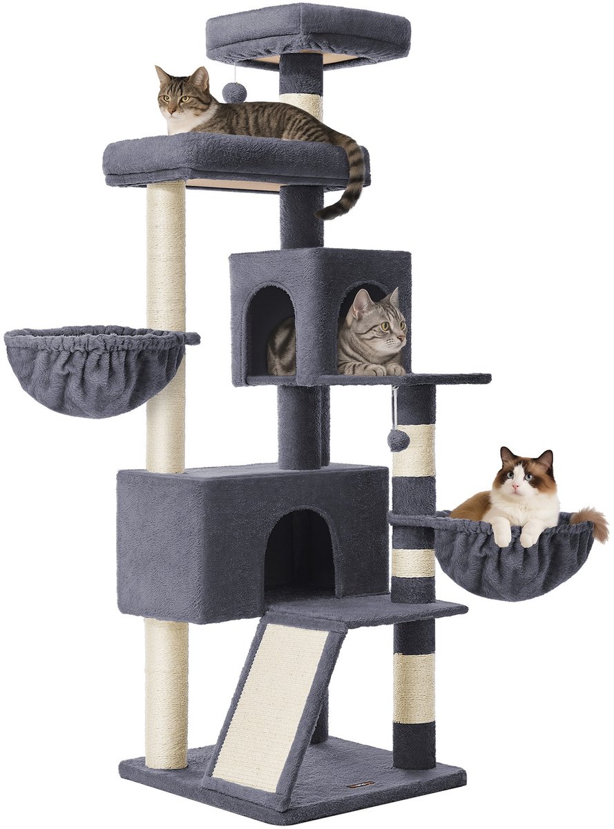 Krabpaal 174 cm met groot platform en dubbele grot - 55 x 55 x 174 cm - Donkergrijs