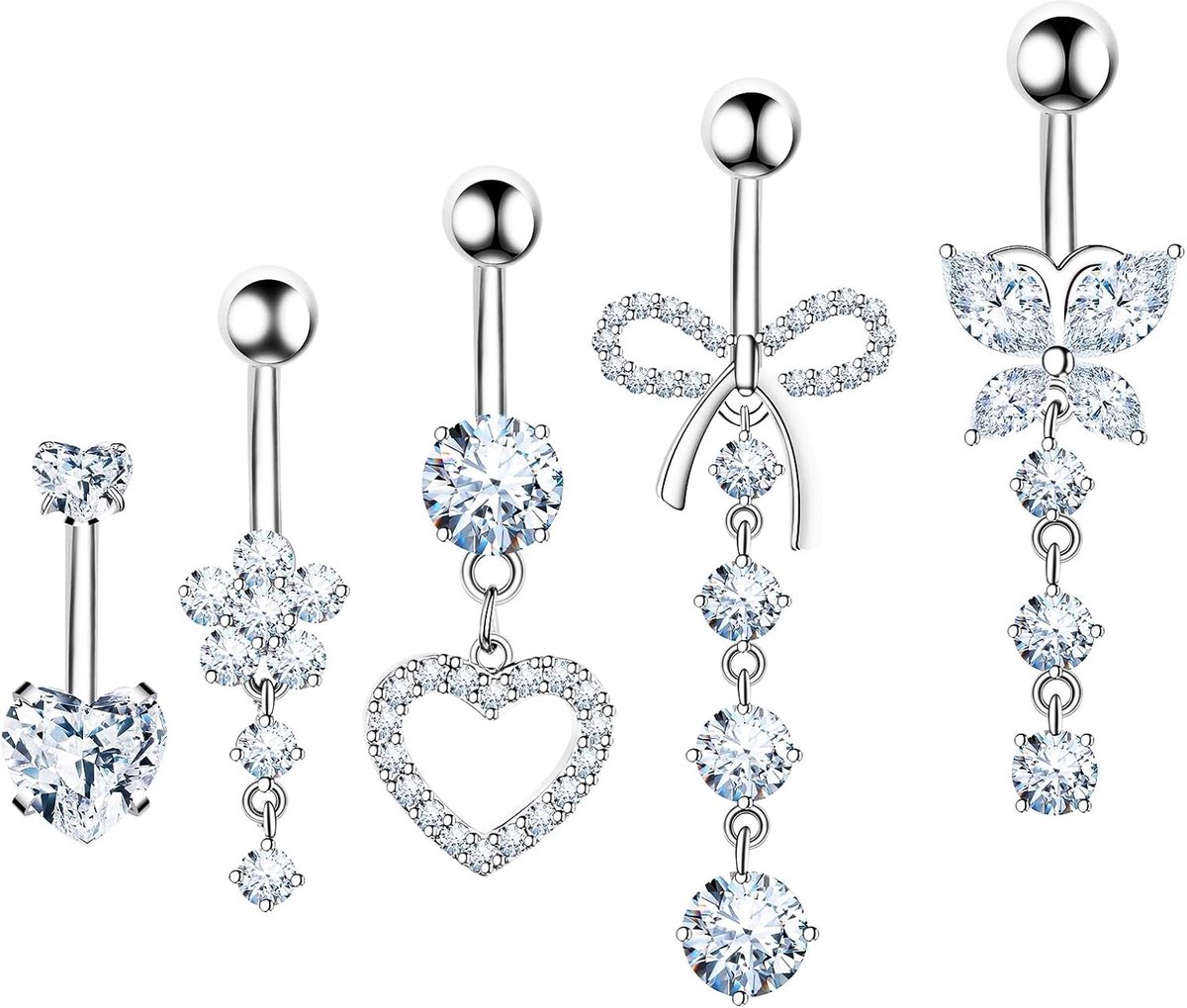 5 stuks navelpiercings van chirurgisch staal, zilver/gouden