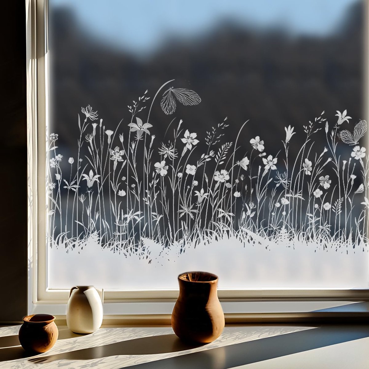 Raamstickers, zelfklevend, witte bloemen en vlinders, raamstickers