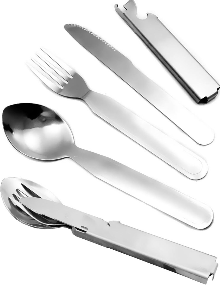 Bestek, mes, vork, lepel, blikopener, flesopener, roestvrij staal