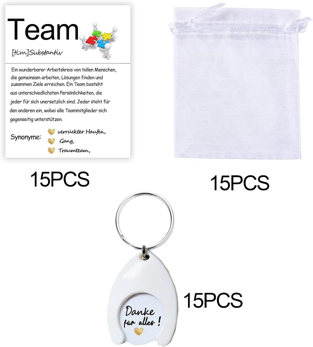 15-delige teamkaart + 15 stuks winkelwagenchips, cadeaus voor collega's, afscheidskaarten, kantoor en werk, bedankje, kleine bedankje voor collega's, bedankkaarten, werknemerscadeau, super werk