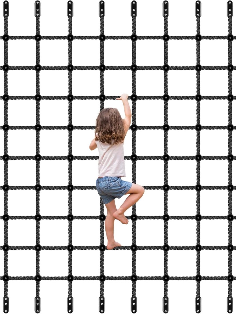 Klimnet voor kinderen, 380 x 178 cm, klimrek, net voor kinderkamer, net van nylon touw, ladder, speeltoren, veiligheidsnet met hardware voor klimwand, schommelset, boomhut, hindernisparcours
