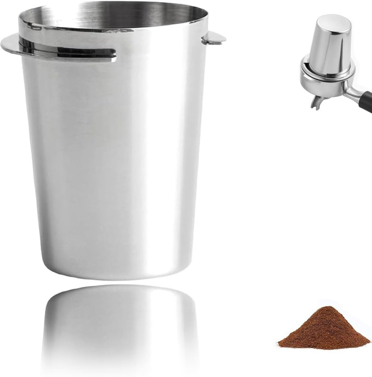 58 mm, 304 roestvrij staal, koffiezeefhouder, doseerbeker, poedertoevoer, naadloze poederverbinding, geen morsen, voor espressomachine van 58 mm, barista, thuis, café, zilver