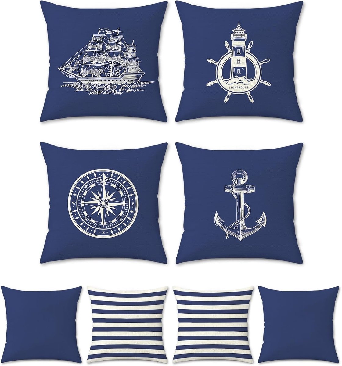 Decoratieve Kussenslopen Set van 4 in Marineblauw met Anker, Vuurtoren en Zeilboot voor Sofa en Bed - Ideaal voor Thuisdecoratie en Meer