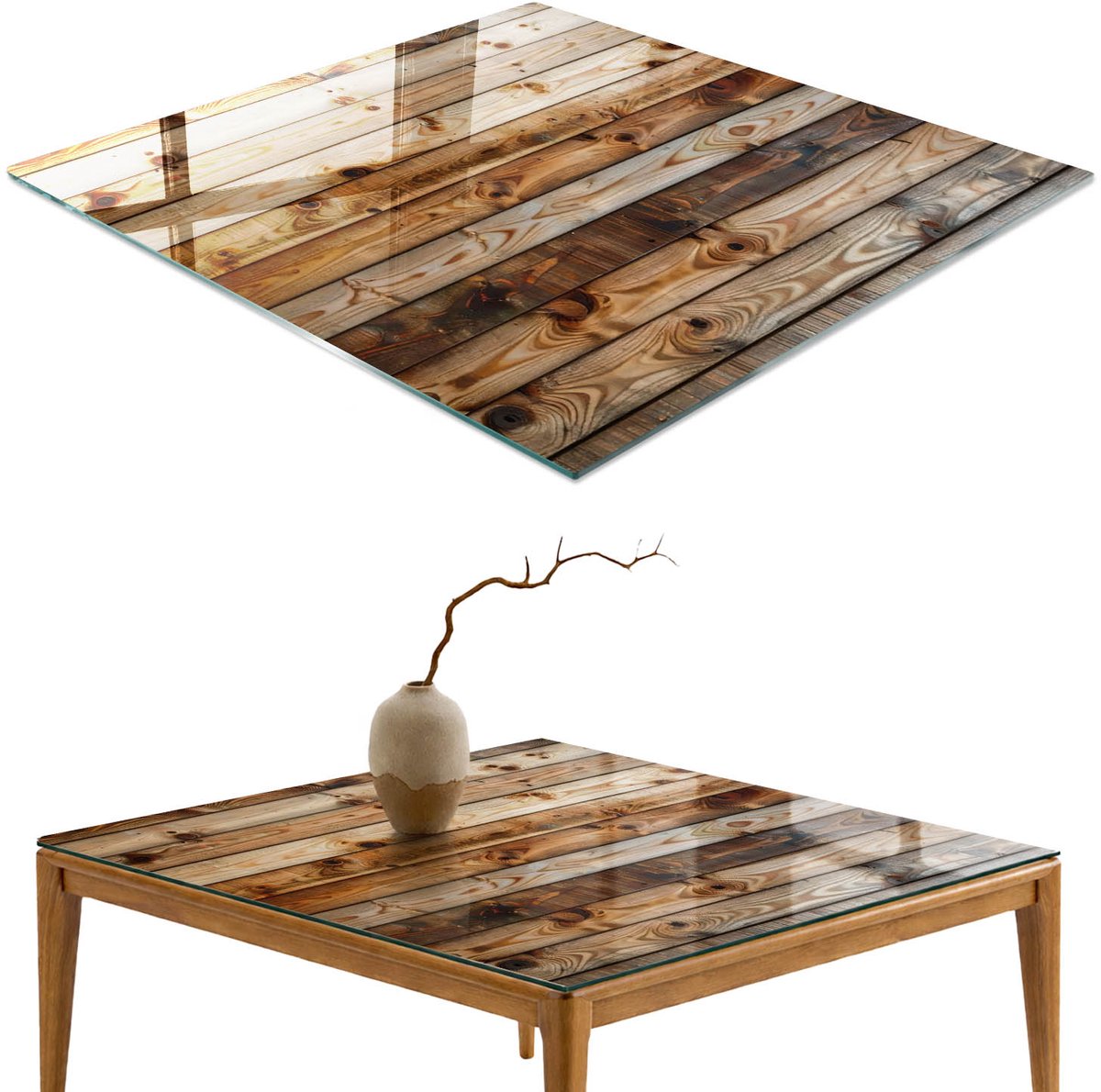 ArtPrintCave Houten planken Glazen Tafelblad 60x60 cm - Tafelblad Rechthoek - Bruin Terrastafel - Texturen Glazen Eettafel