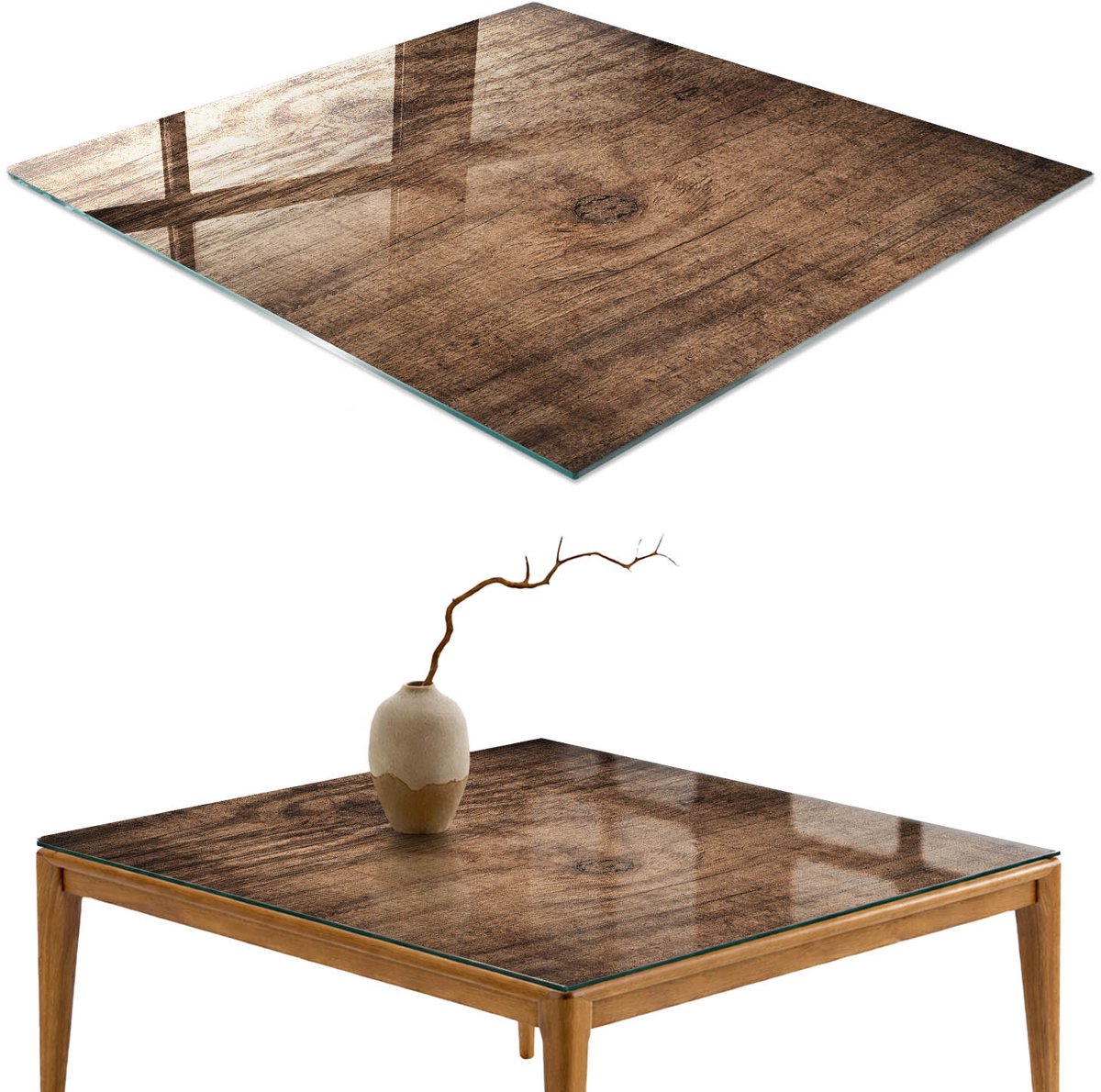 ArtPrintCave Rustiek hout Glazen Tafelblad 60x60 cm - Tafelblad Rechthoek - Bruin Keukentafel - Texturen Glazen Eettafel
