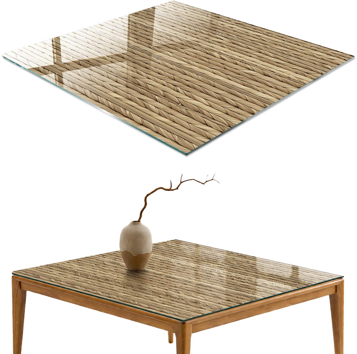 ArtPrintCave Vlechtpatroon Glazen Tafelblad - 50x50 cm - Tafelblad Vierkanten - Beige Keukentafel - Texturen Eettafel Met Glasplaat