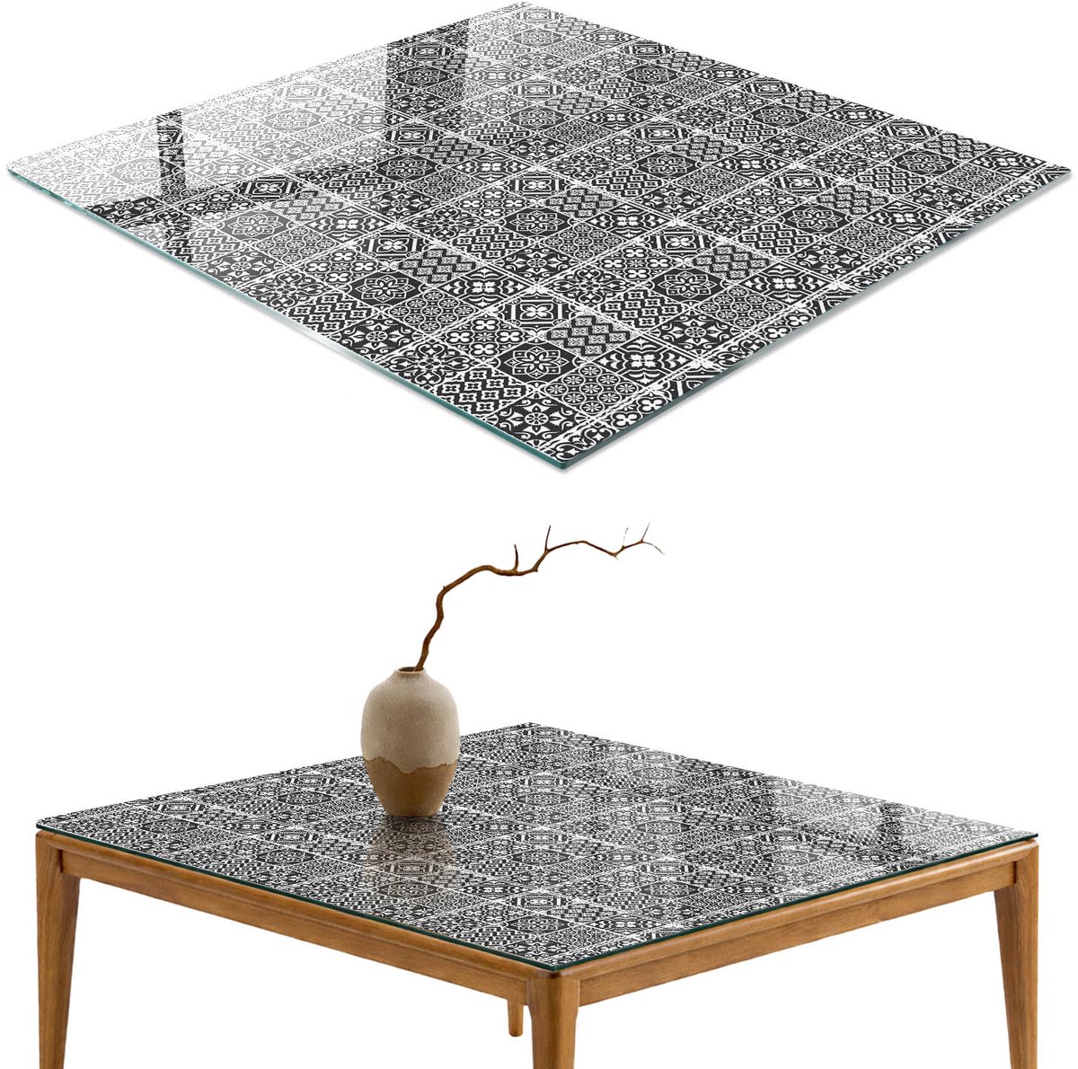 ArtPrintCave Geometrische patronen Glazen Tafelblad 60x60 cm - Tafelblad Rechthoek - Zwart-wit Bureaublad - Achtergronden en patronen Bureaublad