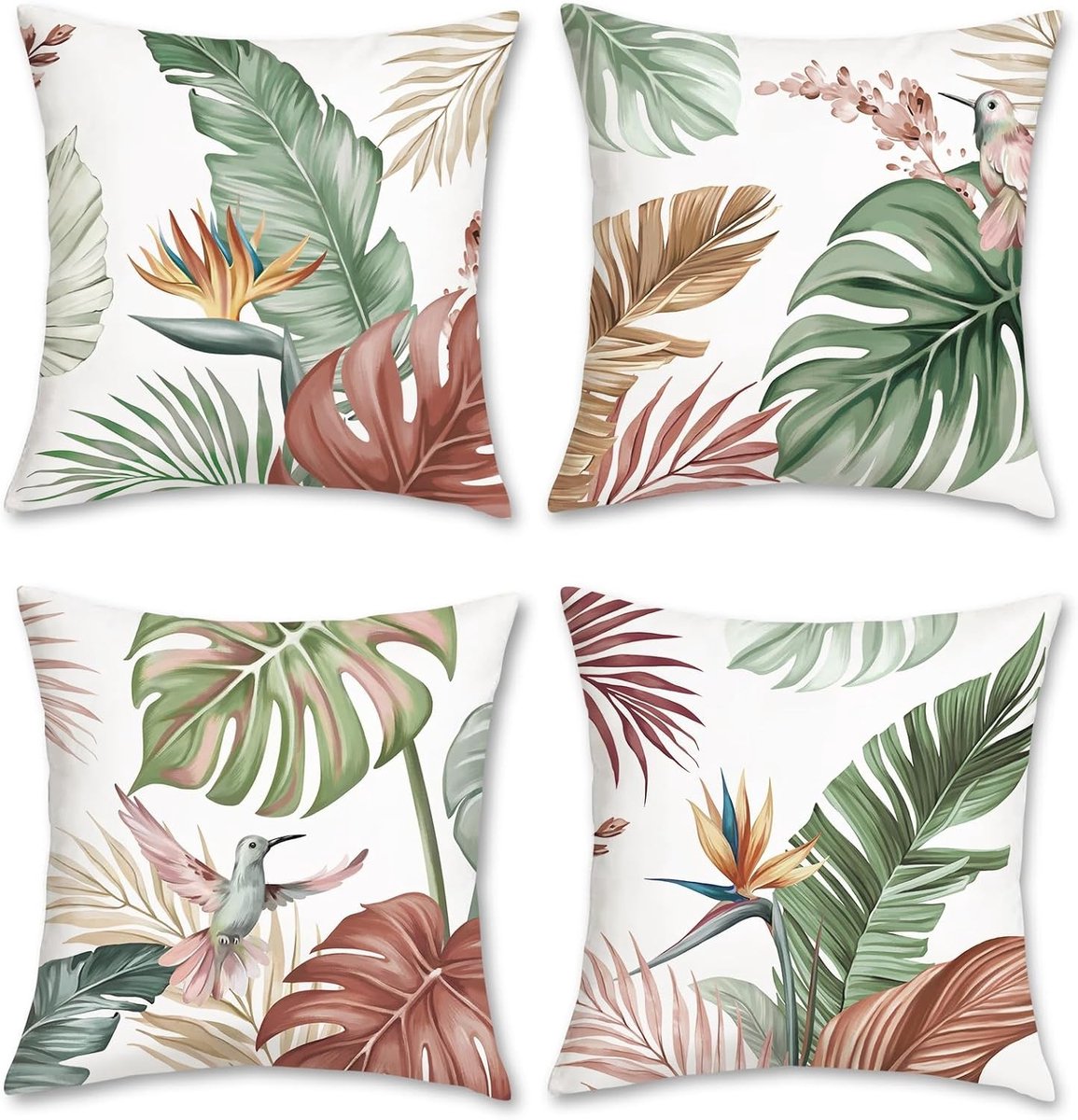 Tropische Bladeren Kussenhoezen 45 x 45 cm Waterverf Blad en Vogel Zachte Fluwelen Decoratieve Kussens voor Sofa en Tuin, Set van 4