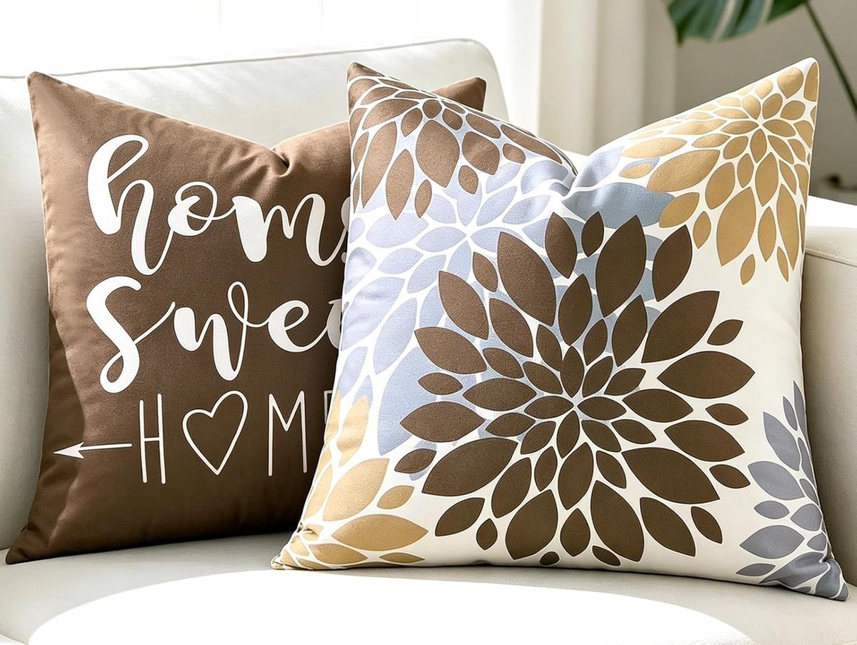 Set van 2 Kussenslopen 50 x 50 cm Bruin Grijs Decoratief Kussen voor Bank, Bed of Stoel met Grote Bloemenprint en Korte Fluwelen Afwerking