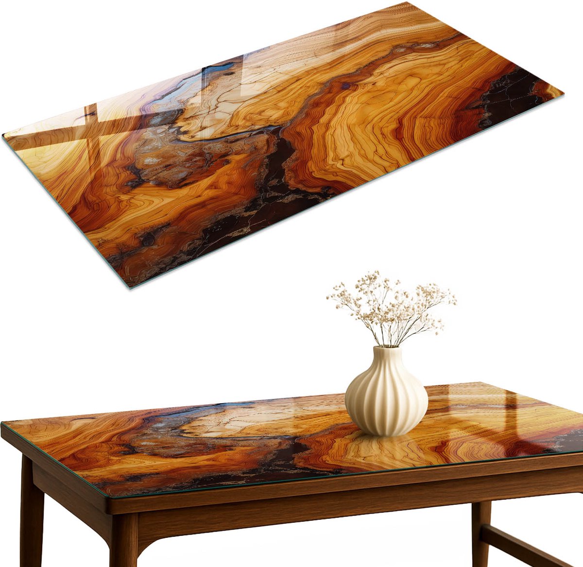 ArtPrintCave Korrelpatronen Glazen Tafelblad 140x70 cm - Tafelblad Rechthoek - Oranje Eettafel Met Glasplaat - Texturen Terrastafel