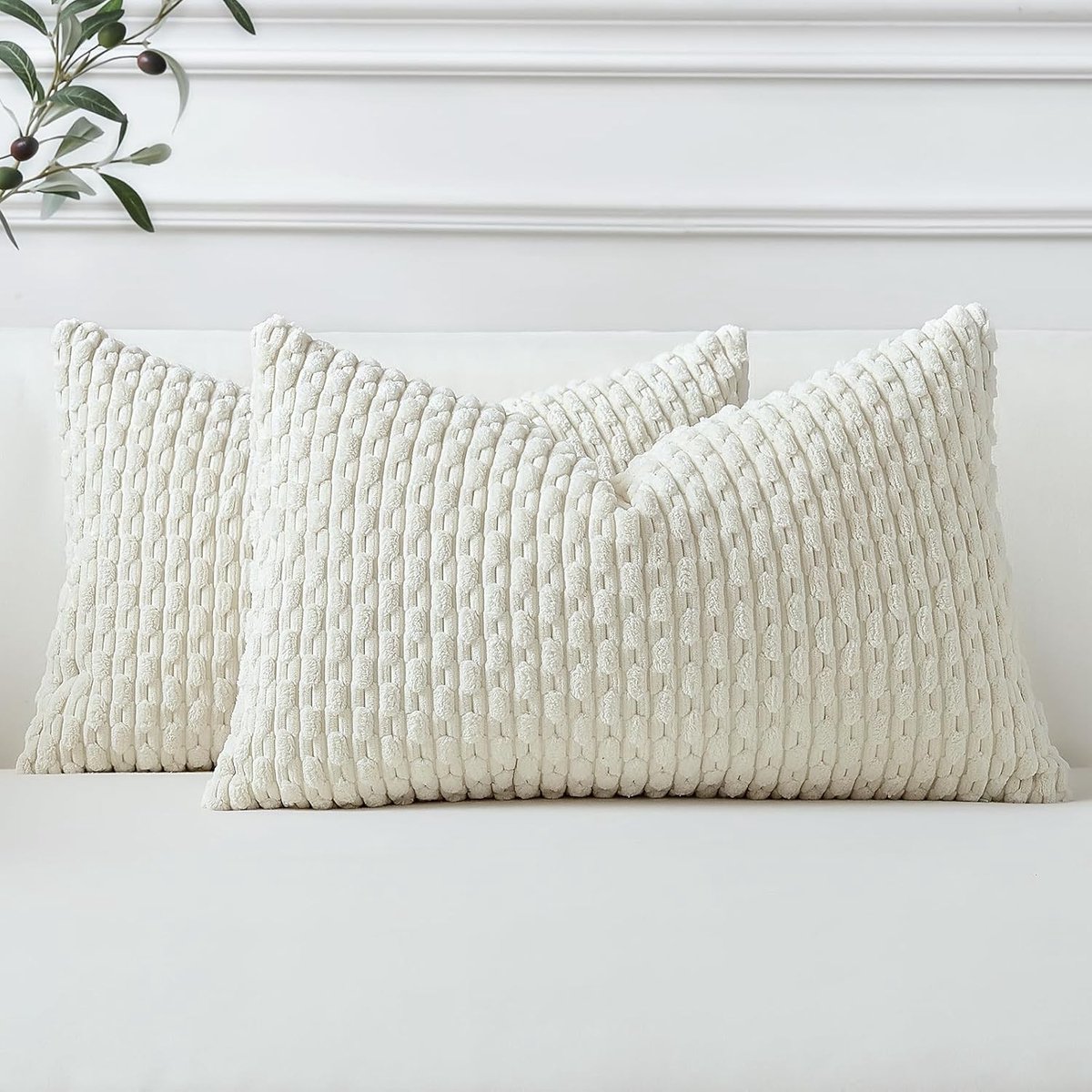 Set van 2 Crème Witte Zachte Corduroy Decoratieve Kussenhoezen met Boho Strepen voor Sofa en Woonkamer, Perfect voor Landhuisstijl en Thuisdecoratie, 30x50cm
