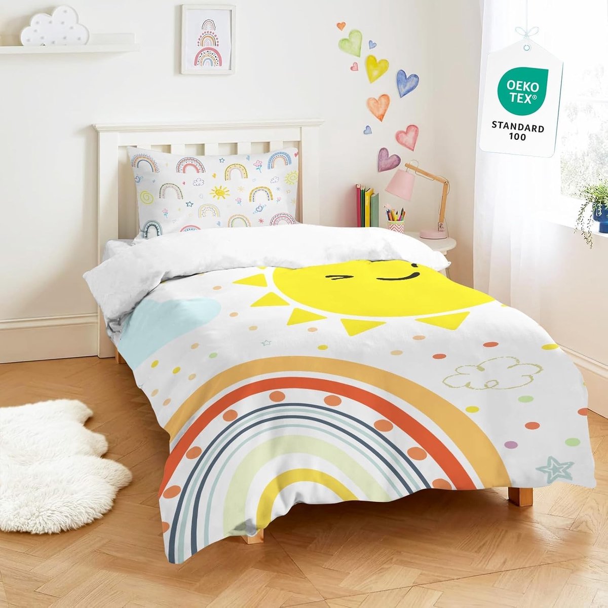 Kleurrijk regenboog beddengoed voor kinderen, 100 x 135 cm, microvezel dekbedovertrek met zon, wolk en golven patroon, ideaal voor meisjes en jongens