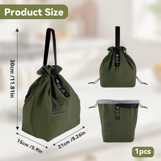 lunchtas - lunchtas kinderen - lunchbag lunchzakje herbruikbaar - Geïsoleerde canvas lunchtas met trekkoord - brede opening - opvouwbaar - lichtgewicht - koeltas - voor school, werk, kantoor, picknick - groen van Puzzels. — afbeelding 2